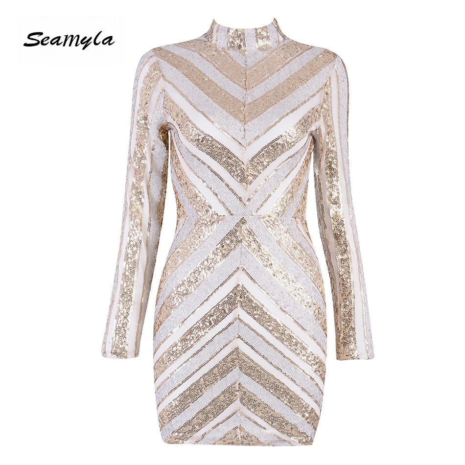 Seamyla/Новинка года; модное платье с блестками; Vestidos; Летние вечерние платья с длинными рукавами для знаменитостей; женские пикантные облегающие Клубные платья