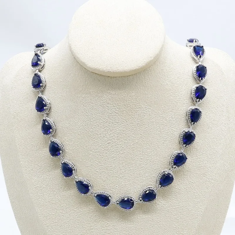 Water Drop 925 Silver Necklace Earrings Set Women Bridal Jewelry Sets Royal Blue Semi-precious Wedding Gift Box