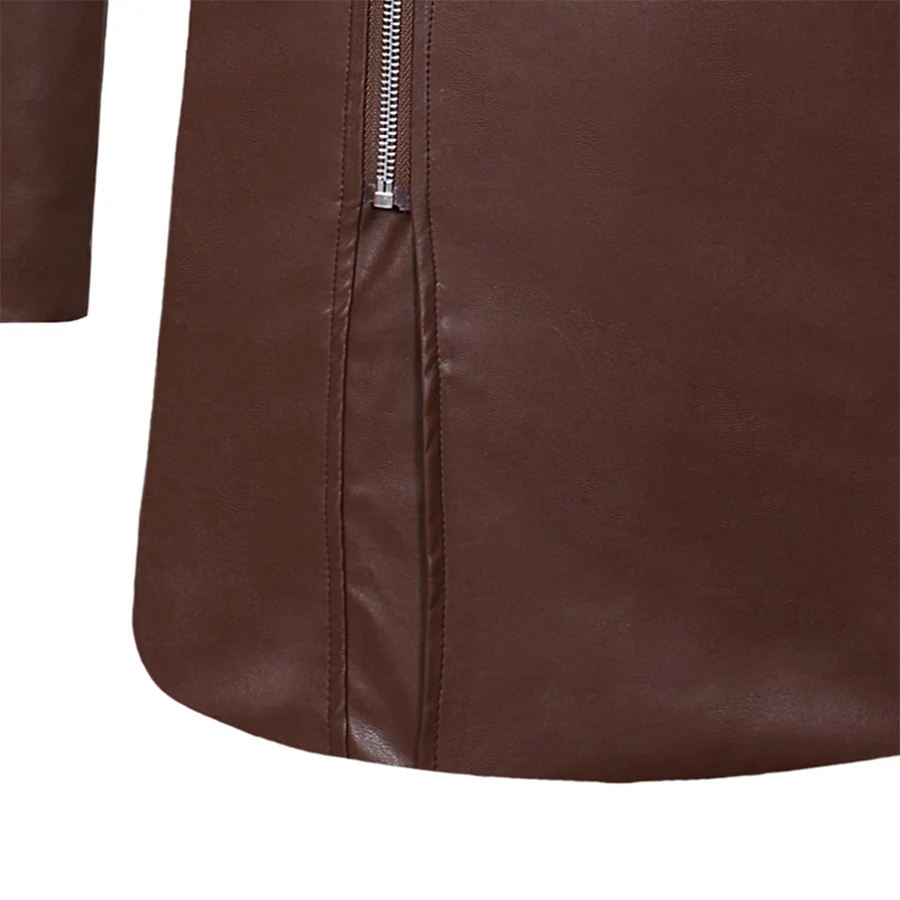 

Mens Casual PU LeatherJacket Long Styler Long Sleeve Stand Collar Fashion Zipper Coats Winter Clothes Coffee Black M-3XL T311