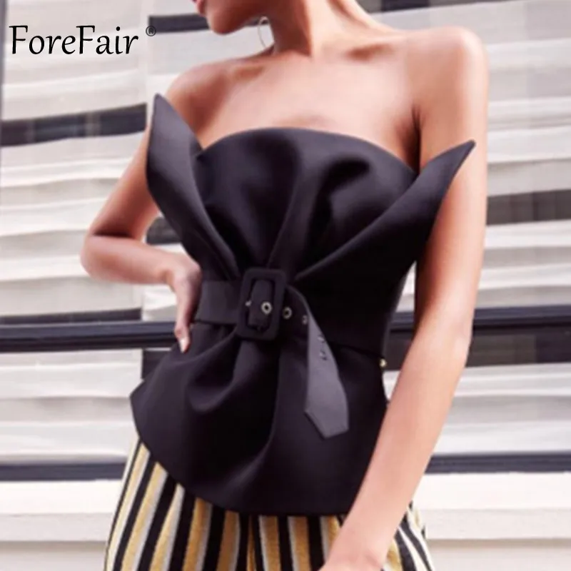Forefair летняя майка женская с открытыми плечами Туника уличная мода вечерние клубная одежда с поясом без рукавов Белый Черный сексуальный топ - Цвет: Black Top