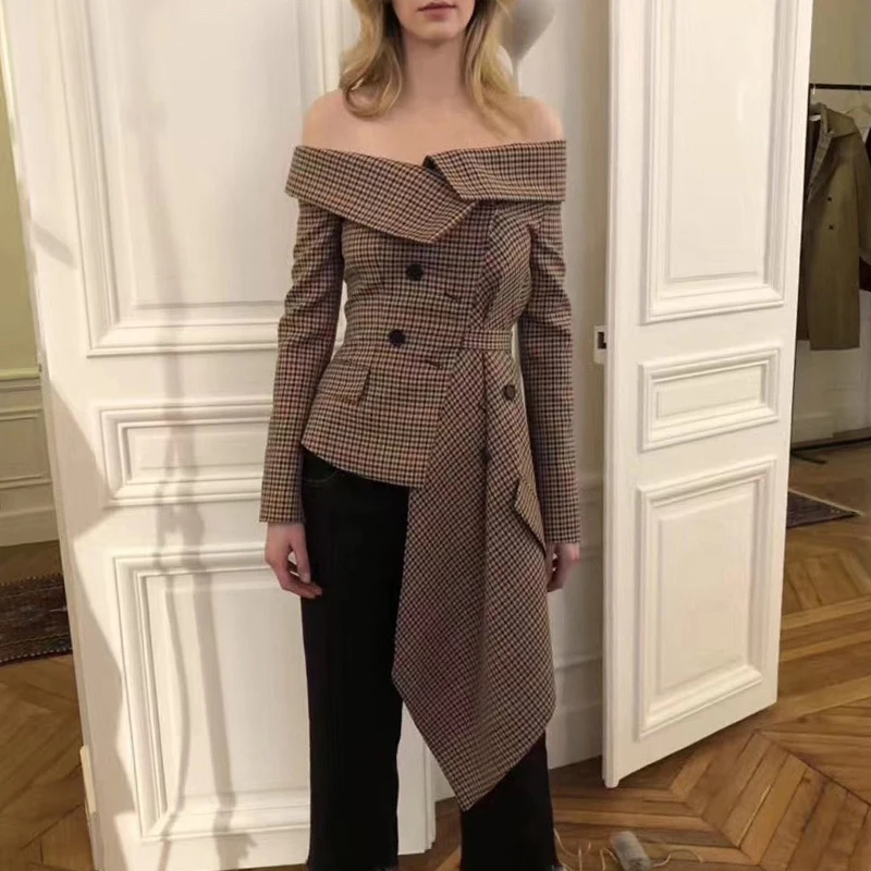 ZEERO Off Shoulder Plaid Blazer Female Jacket Slash Neck Long Sleeve Irregular Hem Plus Size Women's Coats Spring Autumn Fashion | Женская