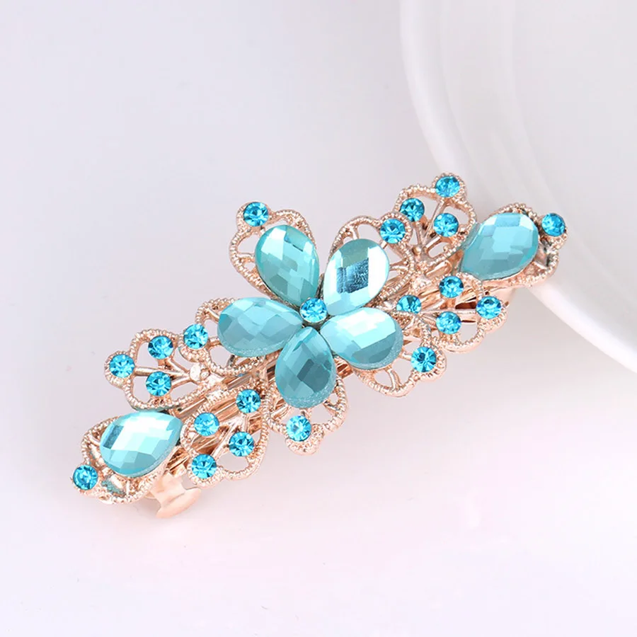 Light Blue Модные Винтажные хрустальные шпильки для волос для женщин, расшитые блестками розовые цветы, банты для волос с серебряными зажимами, стразы, заколки для волос - Цвет: Light Blue