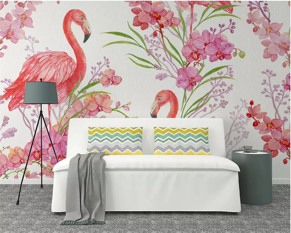 

beibehang Customized high-end fashion decorative painting wallpaper flamingo flowers Nordic hand-painted background papier peint