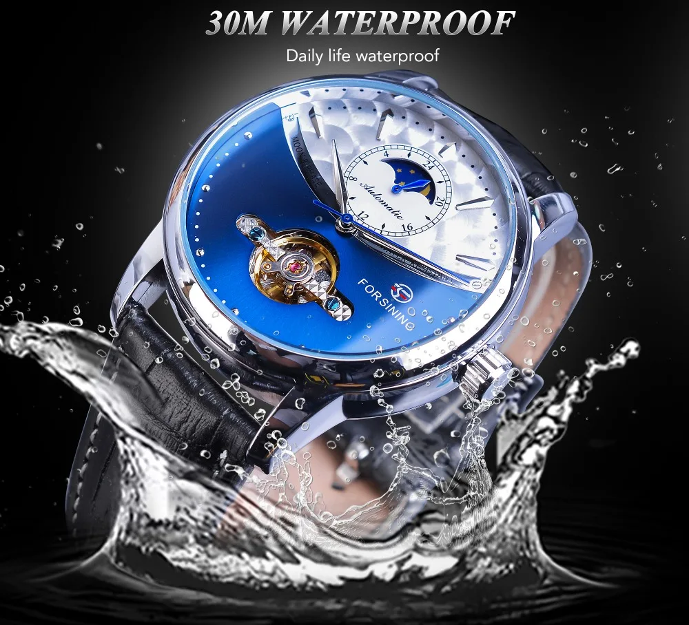 Классические Механические часы Forsining Blue Moon Phase, автоматические турбийон, мужские часы из натуральной кожи, мужские часы, Прямая поставка