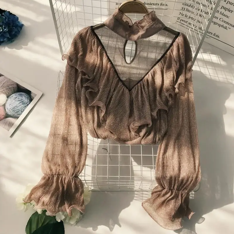 

Retro Ruffle Long-Sleeved Shirt Fashion Chiffon Womens Tops And Blouses Sexy Hollow Net Yarn Office Ladies Shirts 2019 New