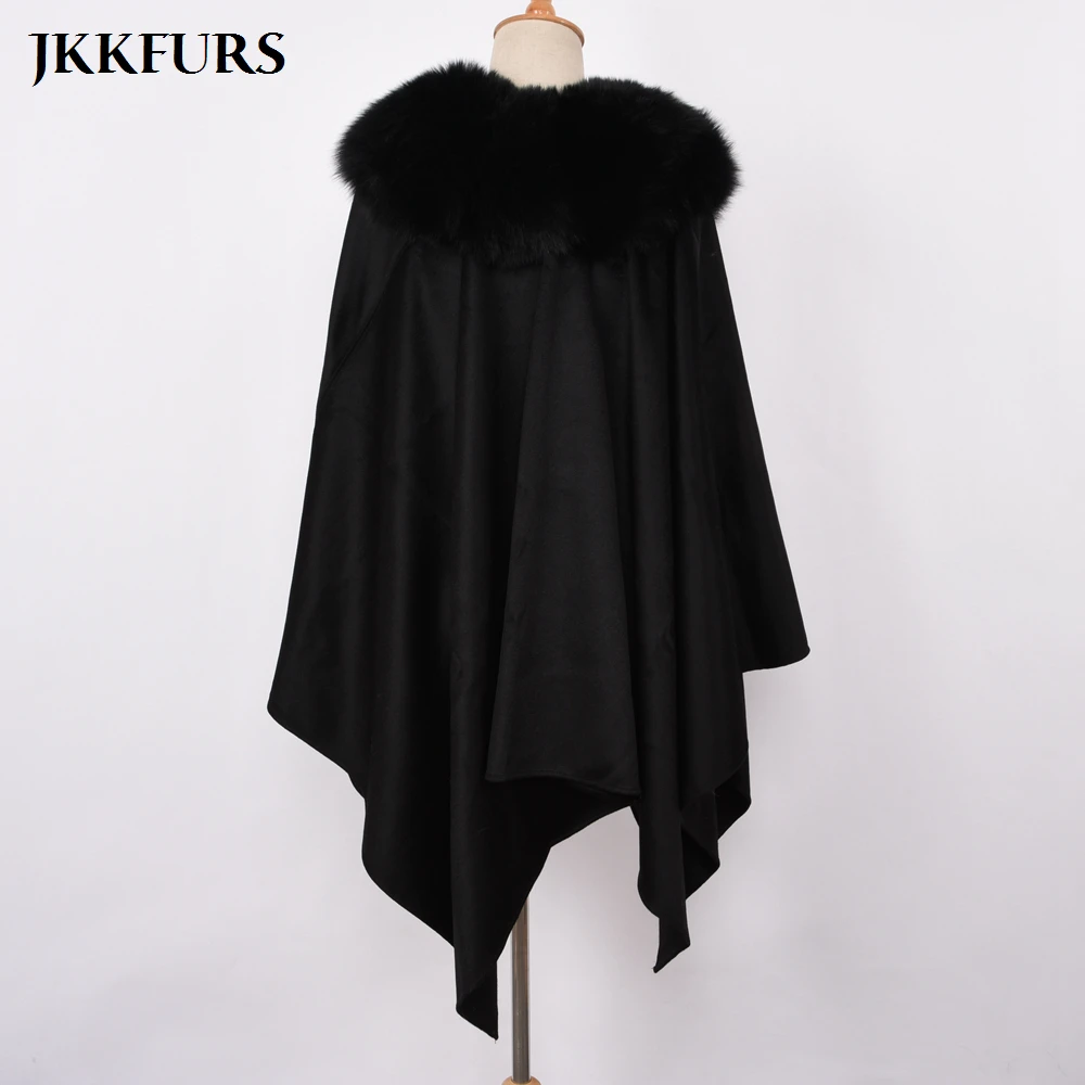 JKKFURS, новинка, женское пончо, натуральный Лисий мех, воротник, отделка и шерсть, накидка, модный стиль, высокое качество, зимнее теплое пальто S7357