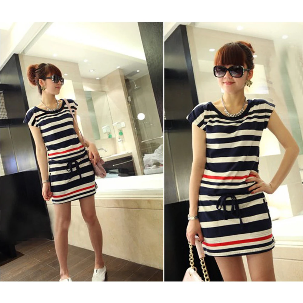 2016 Women Round Neck Navy Strip T-shirt Short Sleeve Skirt Slim Dress | Женская одежда
