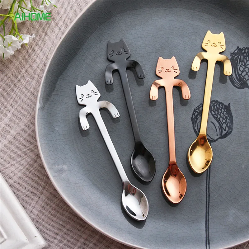 Creative Stainless Steel Cartoon Cat Hand Coffee Tea Spoon Ice Cream Dessert Long Handle Hanging Spoons Tableware Kitchen Tools | Дом и сад