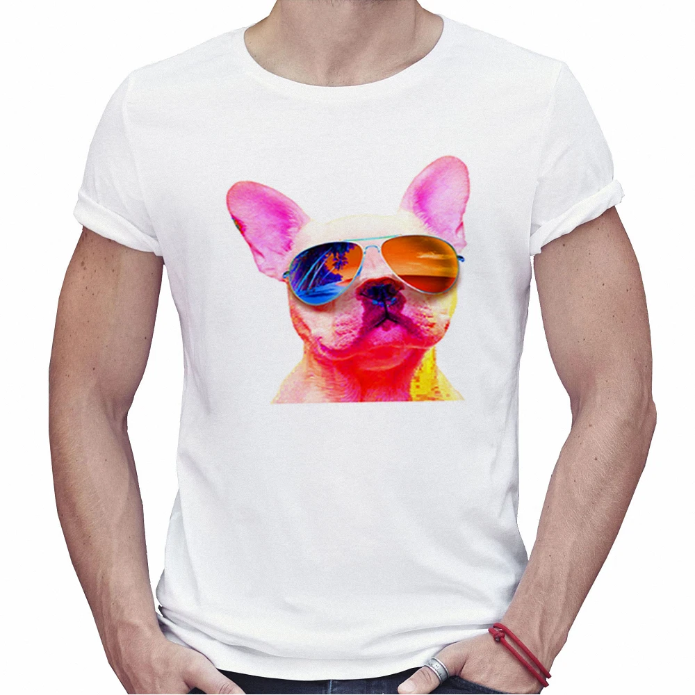 Модный бренд уличной мужской футболки Французский бульдог животных печати белая
