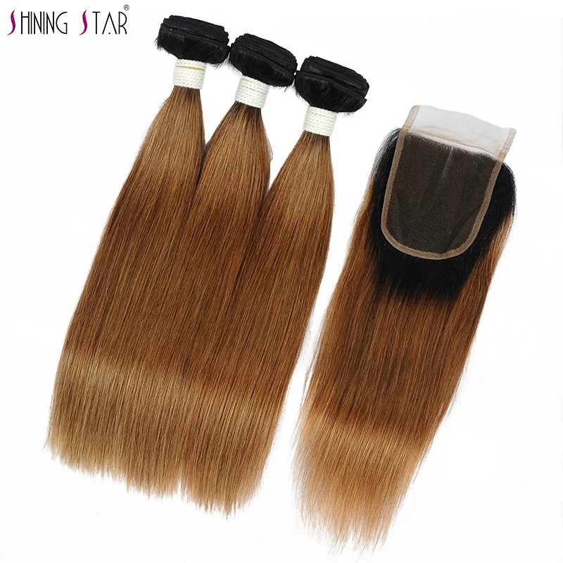 Shining Star Hair 3 Ombre Bundles With Closure 1B 30 Gold Blonde Human Peruvian Straight Non Remy | Шиньоны и парики