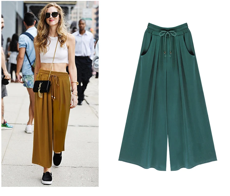 Брюки женские шифоновые с высокой талией черные зеленые хаки широкие размера
