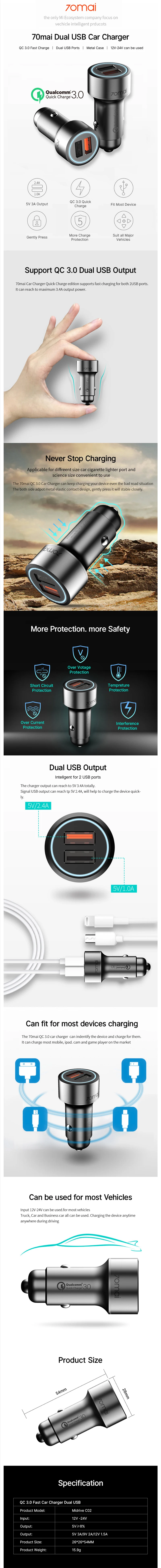 70mai QC3.0 быстрая зарядка car зарядное устройство, usb прикуриватель переходник автомобильное зарядное устройство for iphone 8 X
