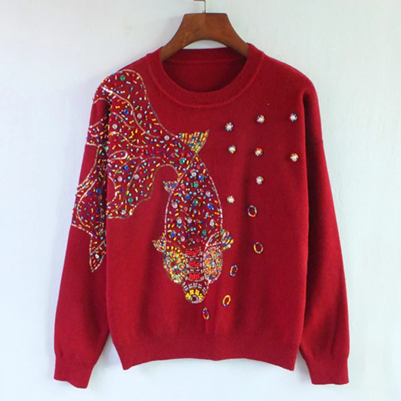 Women Fashion Pullover Autumn 2017 Female Winter Cotton Sweater Manual Diamonds Beaded Sequins Pearl Ladies Goldfish Casual Tops | Женская