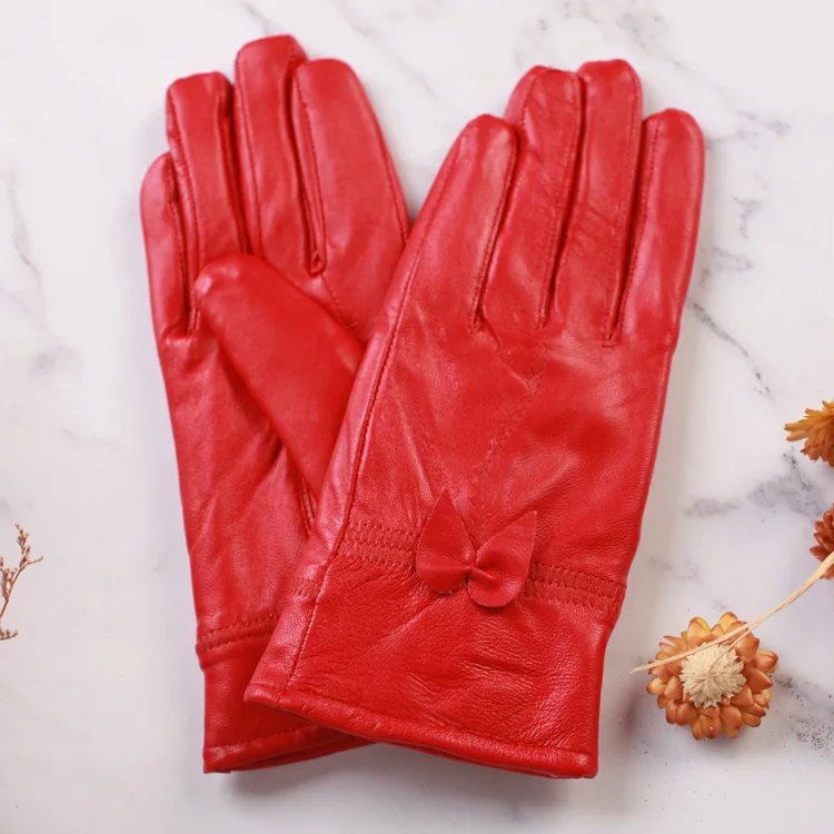 Small Bow Red Женские перчатки из натуральной овечьей кожи с бабочкой, нотл, натуральный мех кожа, Женские варежки, женские зимние толстые теплые перчатки для вождения, G200 - Цвет: Small Bow Red