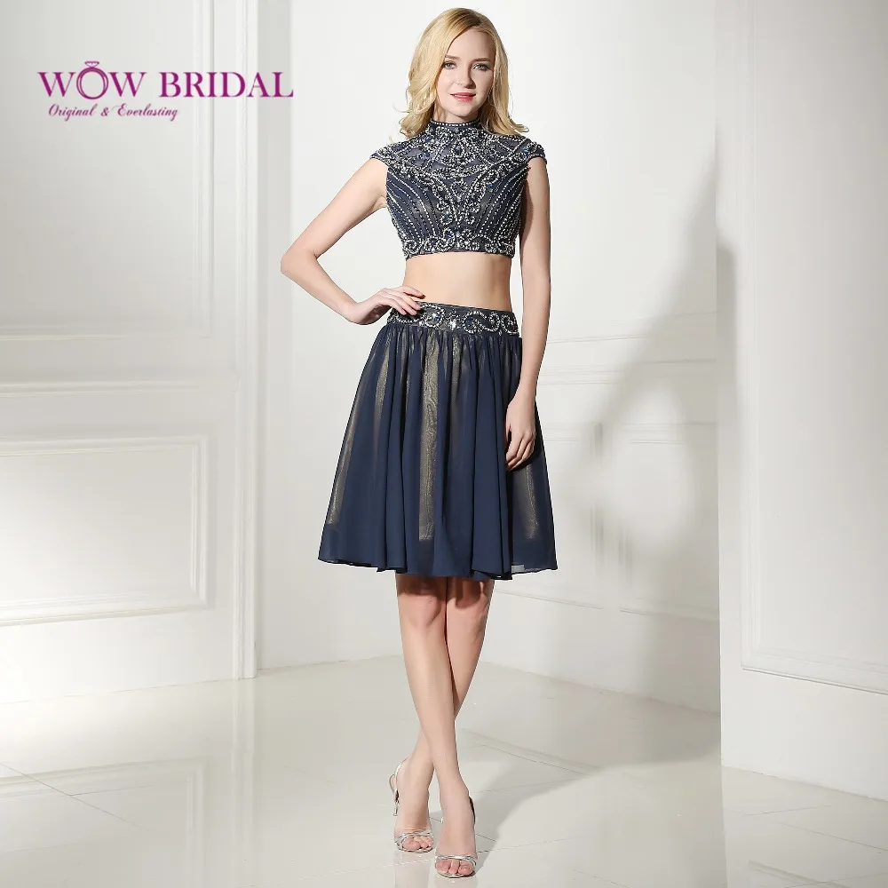 Wowbridal темно синие короткие платья для выпускного вечера 2016 майка обшитая бисером