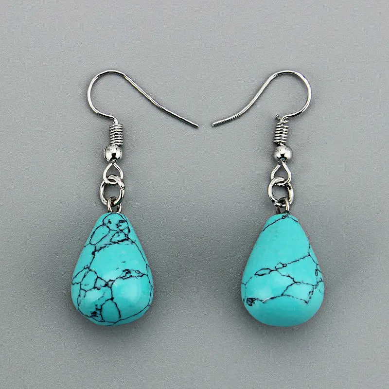 Blue Turquoise Висячие серьги в форме капли воды из натурального камня для женщин, тигровый глаз, прозрачный кварц, опал, обсидиан, Висячие коническая бусина, серьги-крючки - Окраска металла: Blue Turquoise