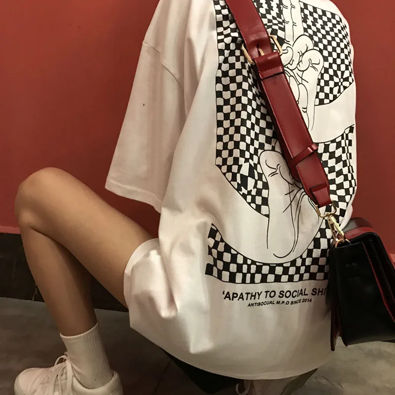 Ulzzang Харадзюку стиль личности отпечатанный палец свободная футболка лето новая пара короткий рукав Футболка женская