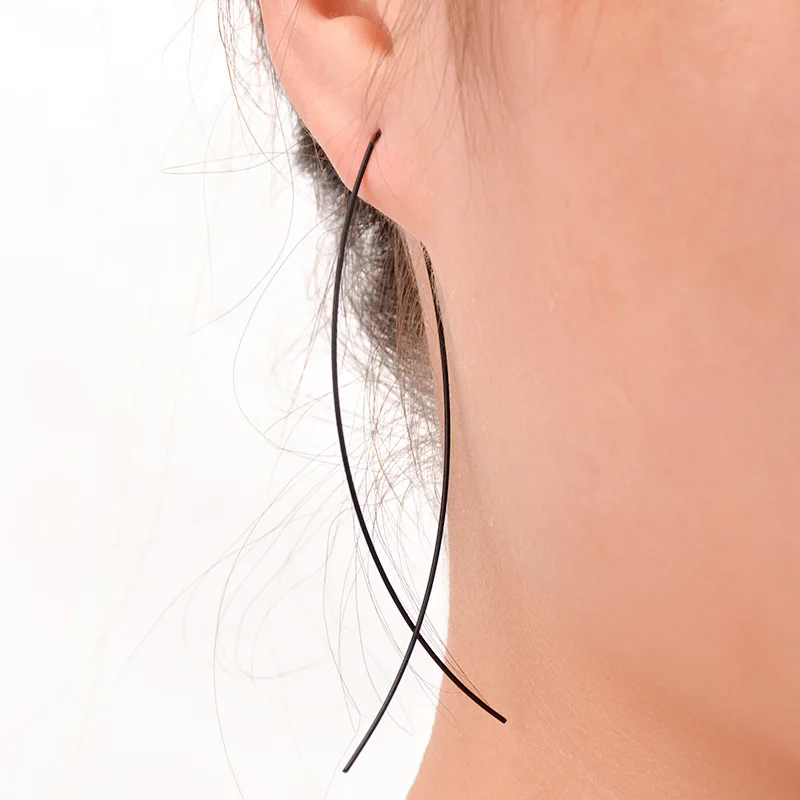 Lvytide 3 color black gloden long simple loop lightweight threader wire earring Minimalist jewelry Fish earrings | Украшения и