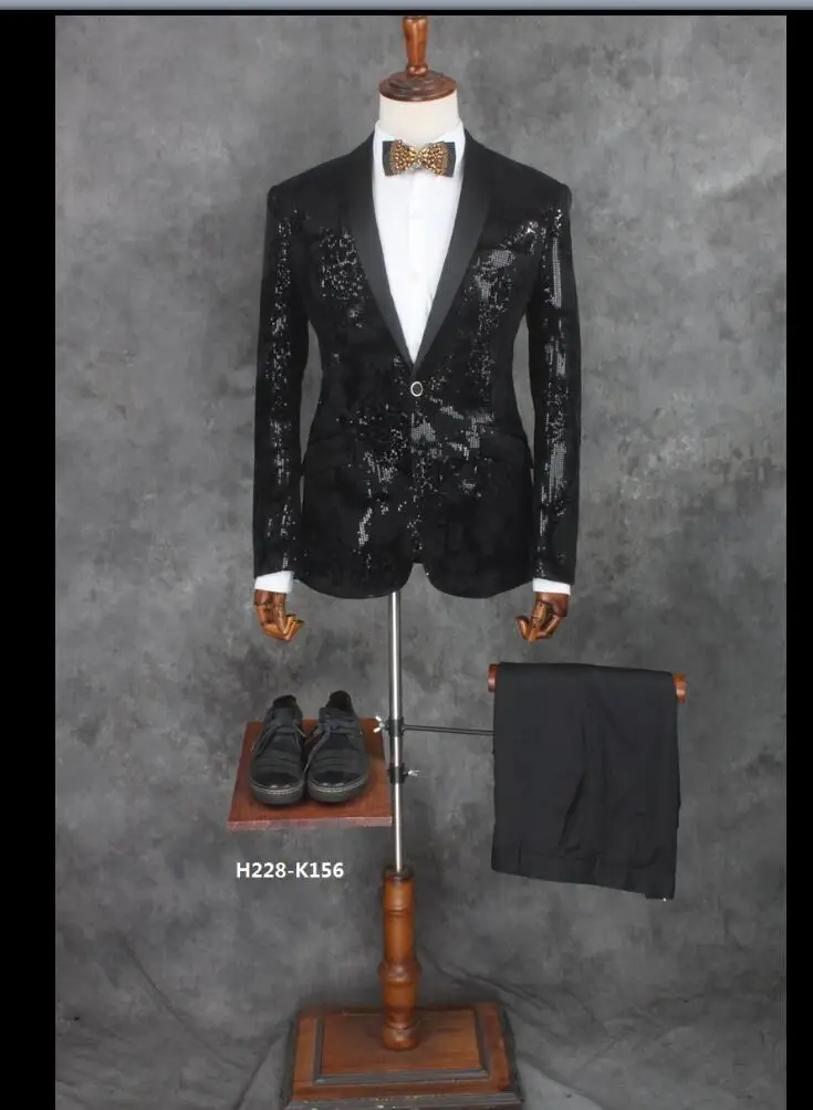 S-3xl New Men's Formal Dress Stage Singer Costume Set Suit Slim Sparkling Paillette Suit Party Suit Groom Suit