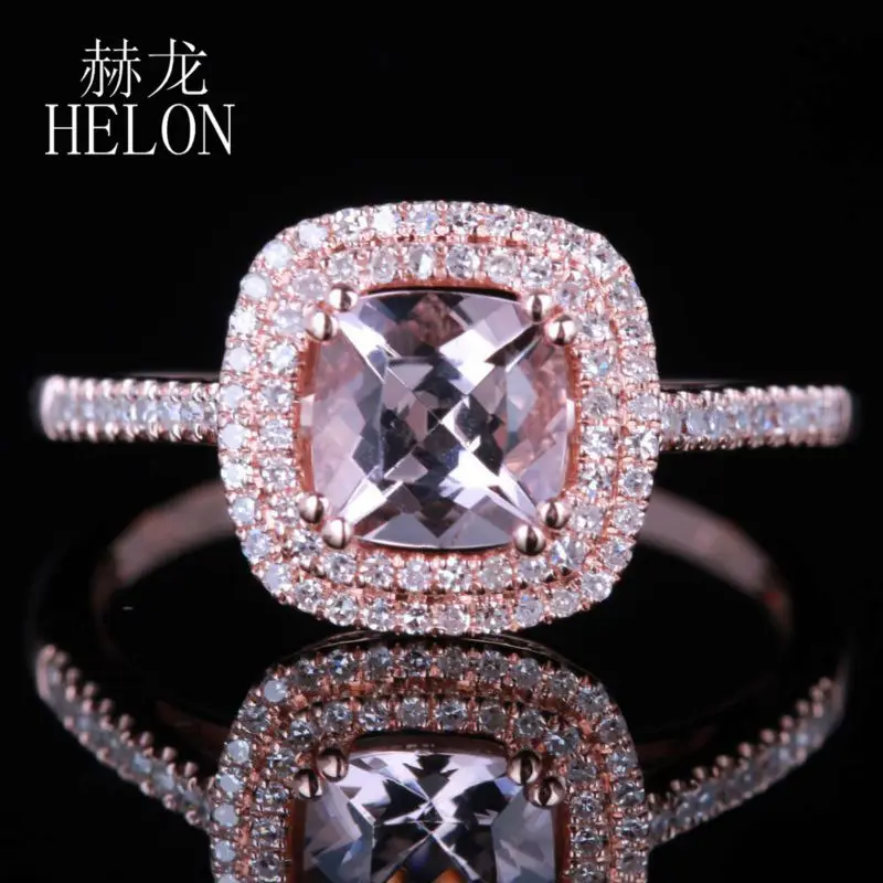 HELON Solid 14 к розовое золото 6 мм Подушка 0.85CT натуральный морганит проложить 0.3ct алмазное обручальное кольцо для женщин ювелирные украшения