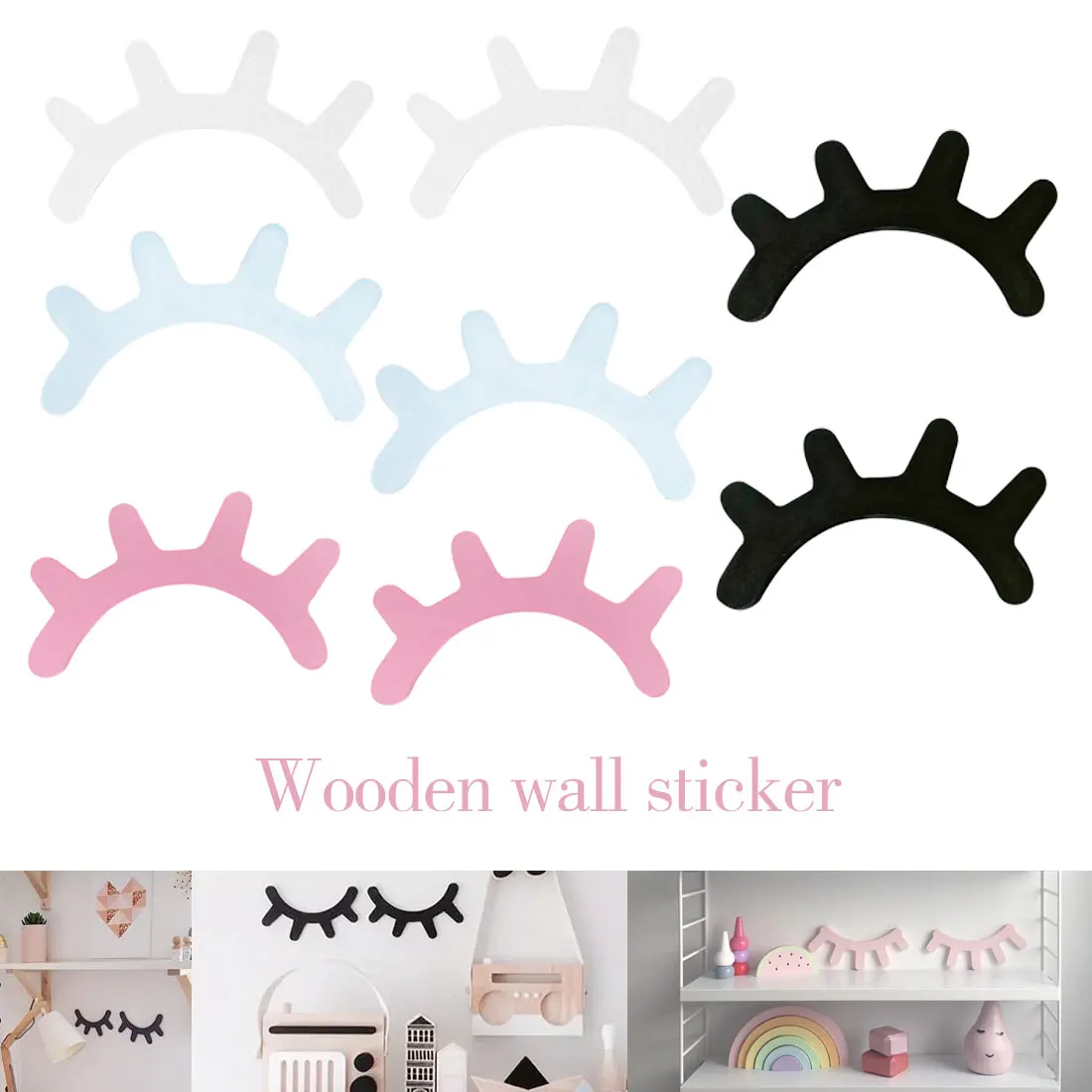 1 Pair Cartoon 3D Wood Eyelash Wall Sticker Children Kids Baby Room selfadhesive Background Home Decoration | Дом и сад
