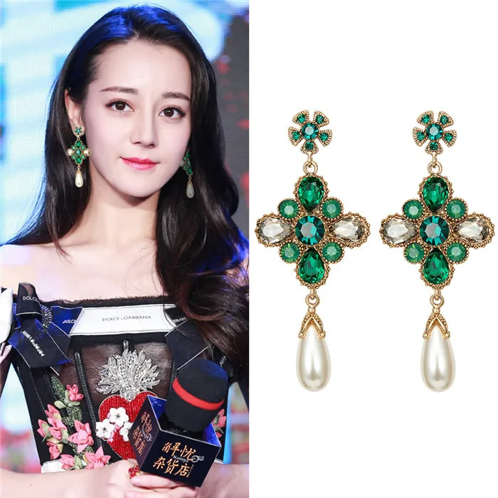 Винтажные зеленые Кристальные жемчужные серьги 925 Серебряный столб