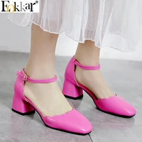 eokkar 2019 women square mid heel pumps ankle strap springautumn shoes d orsay pumps all match elegant lady pumps size 34 43