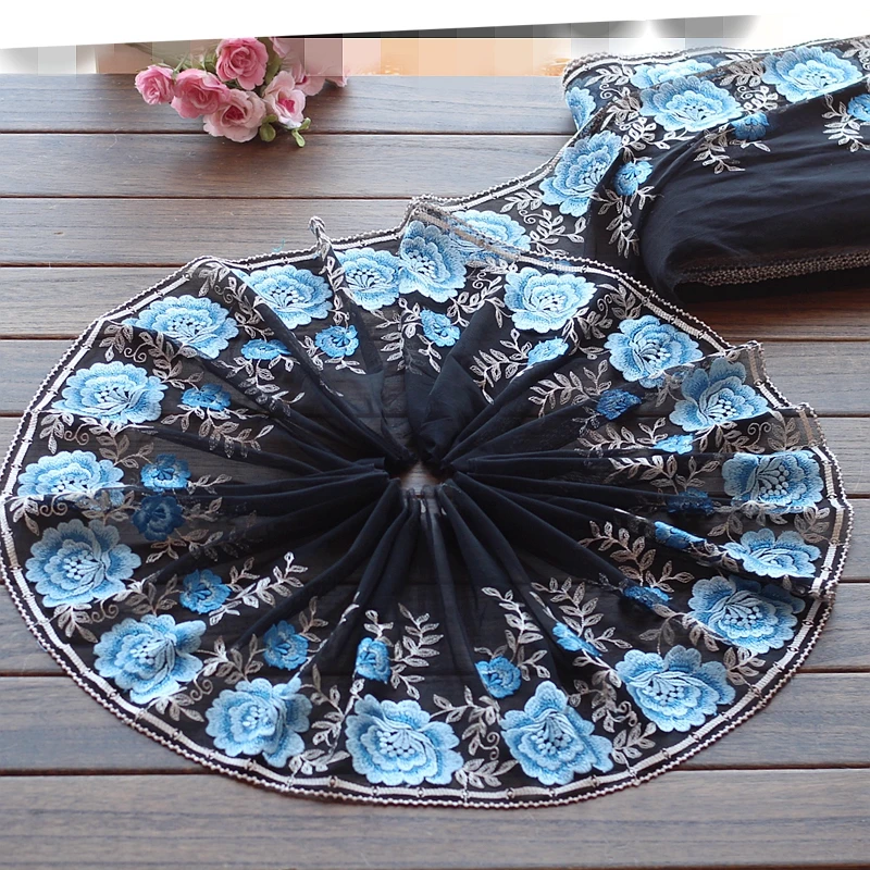 2 ярда кружевная отделка красные розы вышитые черные + синие тюлевые кружева 9 85