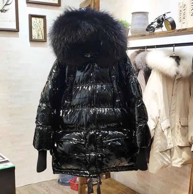 black-black fur Женская зимняя куртка с натуральным мехом енота на-30 градусов, длинный пуховик, Толстая куртка-пуховик на утином пуху, женское водонепроницаемое пуховое пальто с капюшоном - Цвет: black-black fur