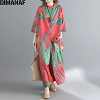 dimanaf women suit t shirt summer tops chinese style print wide leg pants femme casual fashion oversized 2 pieces setoversize