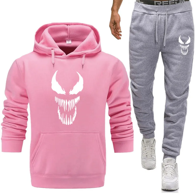 Pink Комический плотный спортивный костюм со штанами комплект утолщенной мужской осенней одежды из двух частей повседневный спортивный костюм спортивная одежда - Цвет: Pink