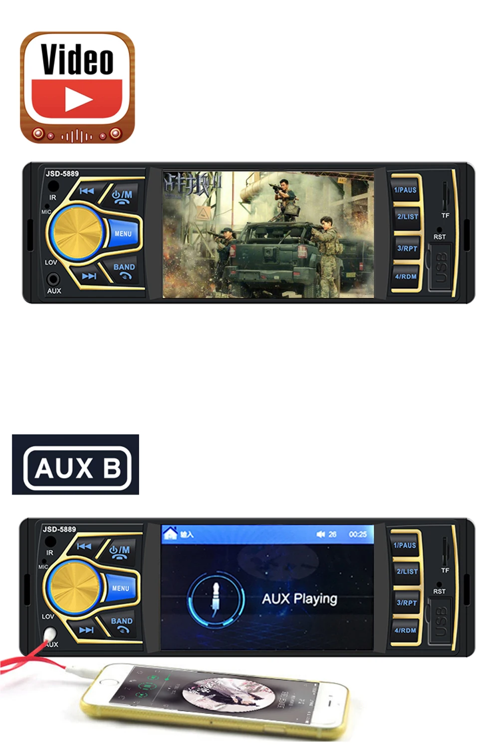 Bluetooth AUX Авторадио 1 Дин радио MP5 плеер 4 дюймов Экран Панель FM/MP5/USB с 4LED заднего вида