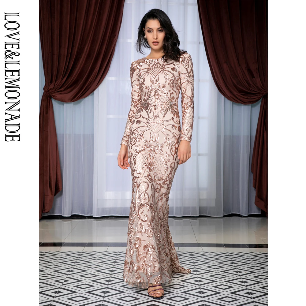 Женское длинное платье LOVE & LEMONADE золотистое облегающее с круглым вырезом