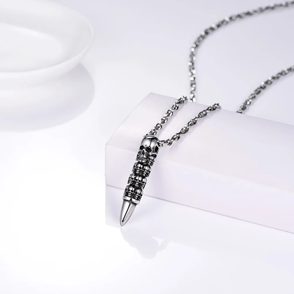 U7 Bullet Skull Necklace for Men Punk Rock Biker Stainless Steel Jewelry Choker Accessories with 55cm Water-wave Chain P1121