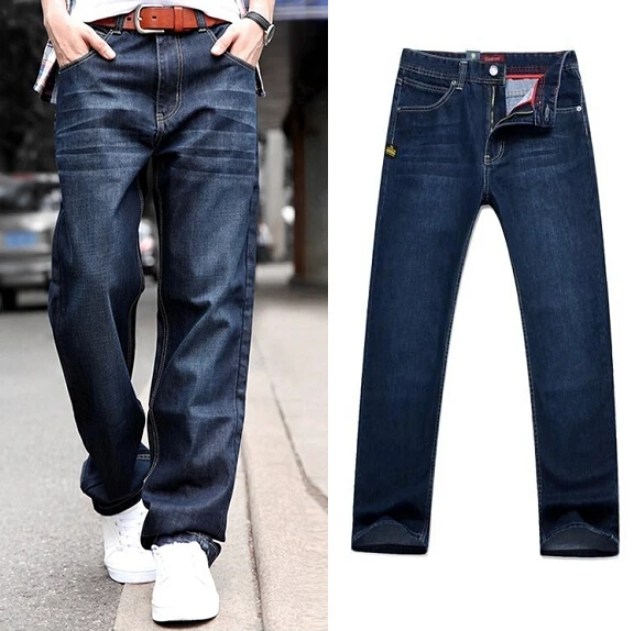 Jeans Men 2015 Spring New Dark Blue Color Plus Size 29-44 Baggy Wide Leg Straight Denim Pants | Мужская одежда