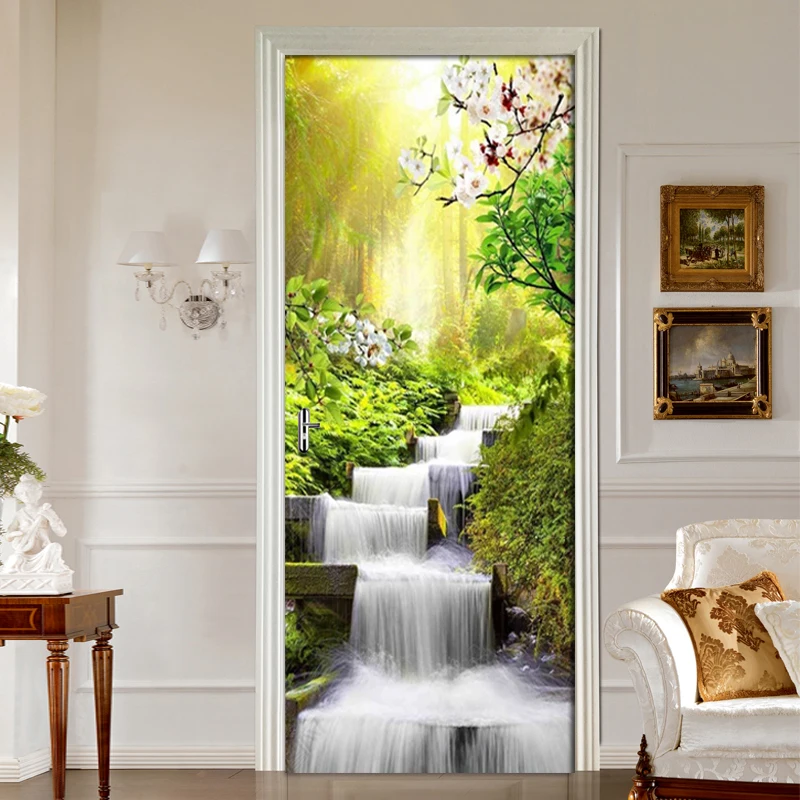 

Door Mural Wrap Forest Waterfall Landscape Pattern Door Sticker Eco-friendly Door Home Decor Sticker Self-adhesive Wall Sticker