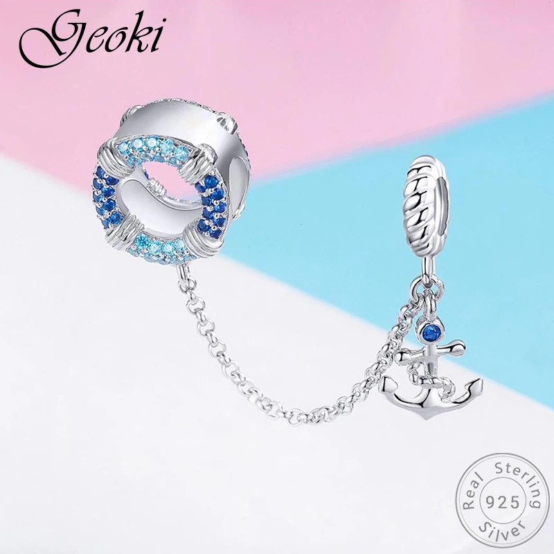 Geoki, 925 пробы, серебряное навигационное колесо и якорь, безопасная цепь, подходит для браслета Pandora, морское направление, подвески, оригинальное Изготовление ювелирных изделий