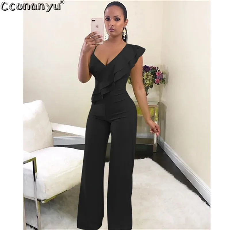

2019 Sexy Solid Color Deep V-Neck Ruffles Strap Jumpsuits Fashion Women Clothes Casual Femme Long Jumpsuits