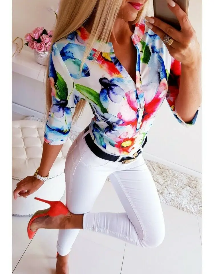 Женская Повседневная рубашка с цветочным принтом длинным рукавом лето 2019 |