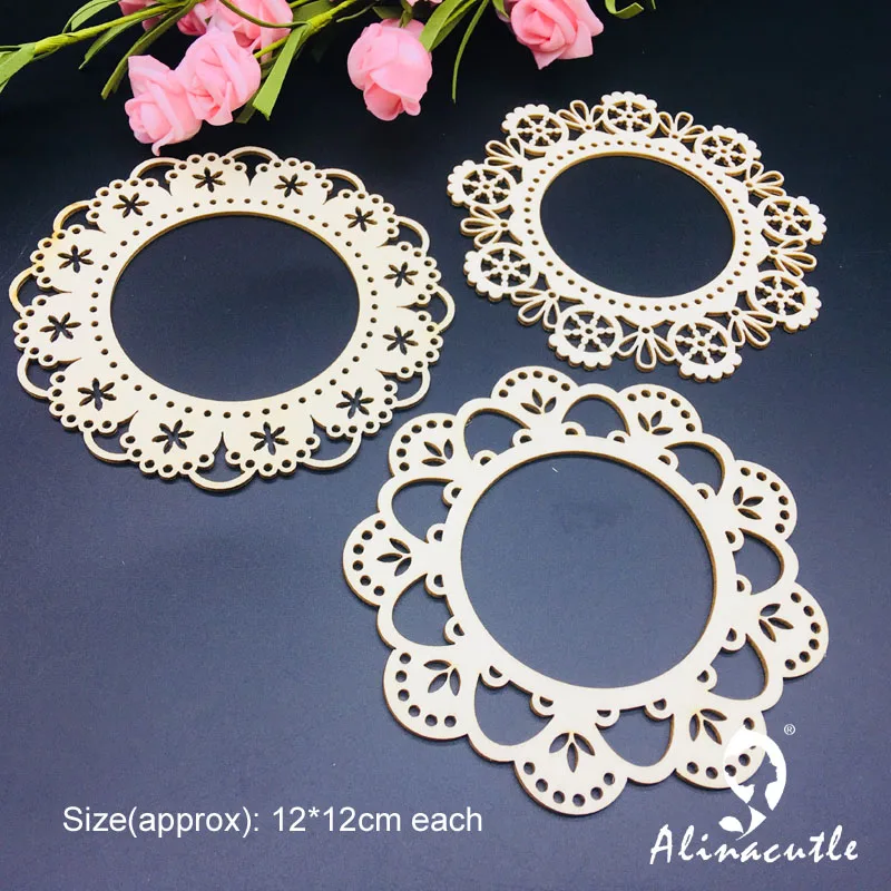 3pc lace border circle frame Natural laser Wood Chips Embellishments Scrapbooking Crafts Handmade card Art Album Alinacraft