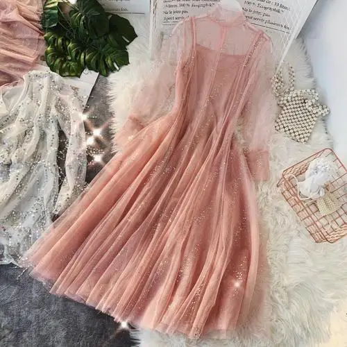Pink HISUMA, весна-осень, новое женское газовое платье с круглым вырезом, с блестками, с длинным рукавом, женское шикарное элегантное Плиссированное Сетчатое платье, комплект из двух предметов, платья - Цвет: Pink