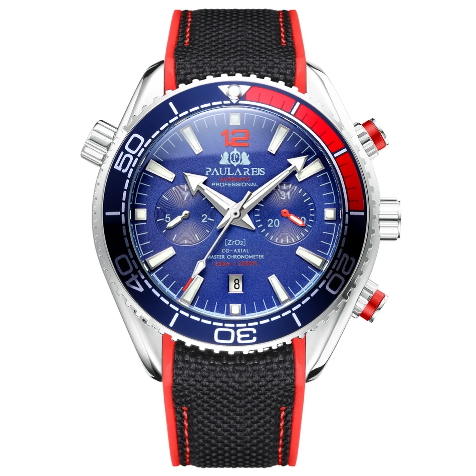 White Red Blue Автоматические механические холщовые резиновые часы James Bond 007 стиль оранжевый синий красный Многофункциональный Дата месяц мужские спортивные часы - Цвет: White Red Blue