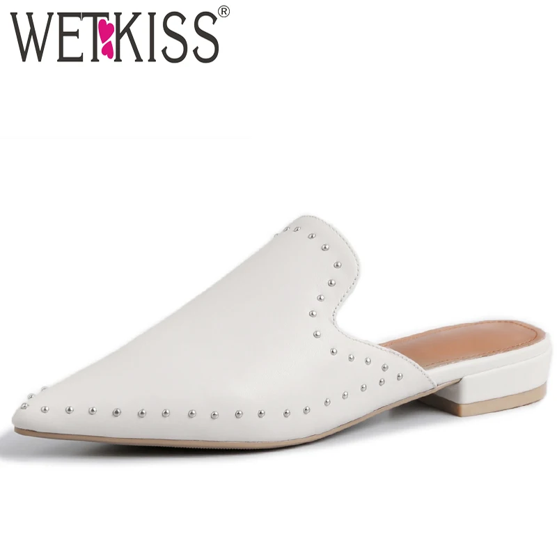 WETKISS/женские шлепанцы с острым носком на низком каблуке из коровьей кожи Женские