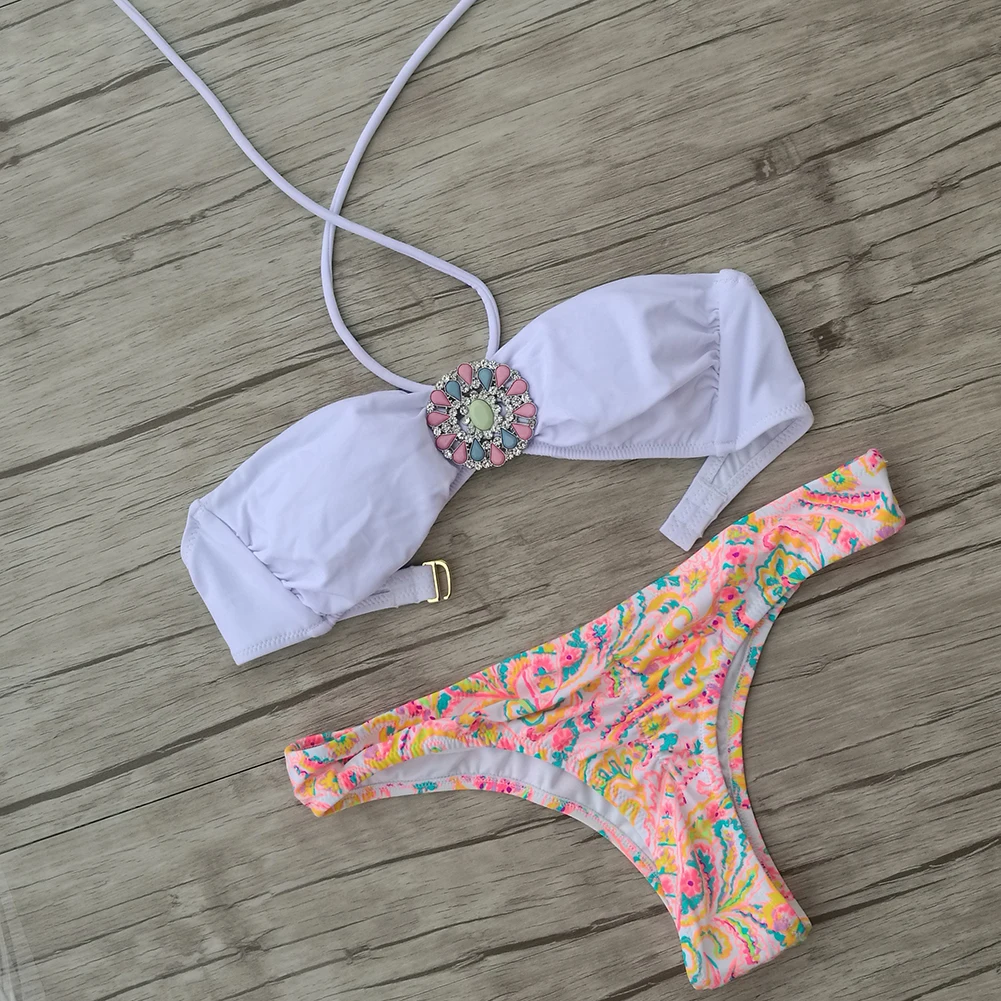 Женский дизайнерский купальник бикини с кристаллами и стразами белый купальный