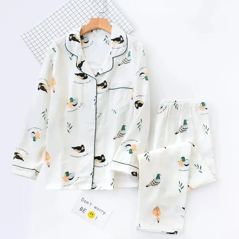 Женский пижамный комплект с длинным рукавом 100% хлопок двухслойная газовая