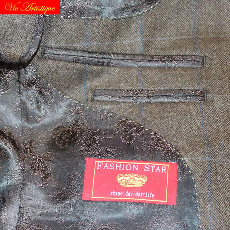 custom tailor made suits 3 pieces jacket pant vest wool Men's groom tuxedos slim fit wedding coffee with blue window plaid 2018