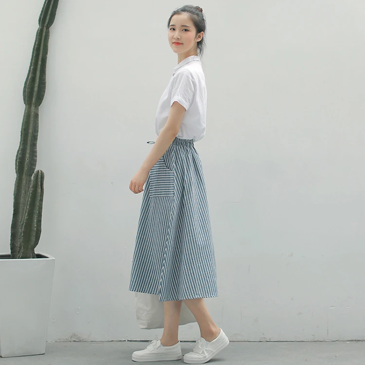 Mori Girl летняя длинная юбка новая японская винтажная Saia Midi Женская Полосатая хлопковая и льняная юбка с карманами зеленая, синяя одежда