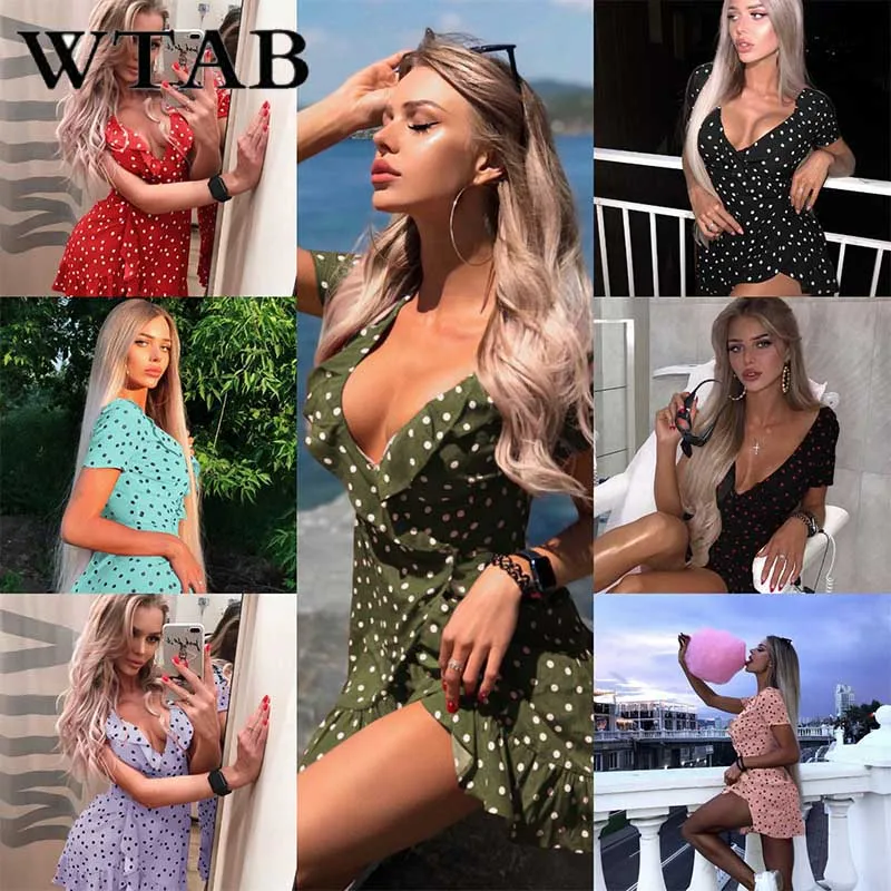 Женское платье с оборками WTAB повседневное облегающее в горошек v-образным