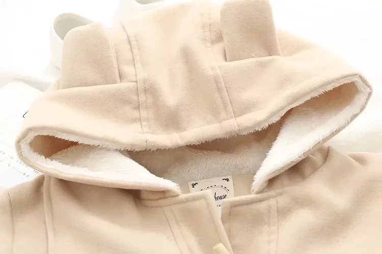 Женское шерстяное пальто зимнее теплое с капюшоном и длинными рукавами