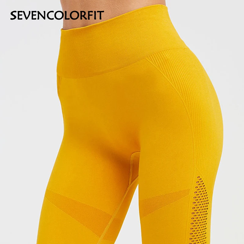 Sevencolorfit женские бесшовные легинсы с высокой талией, желтые, розовые, черные, сетчатые, открытые, сексуальные, для спортзала, спорта, фитнеса, колготки, длинные штаны
